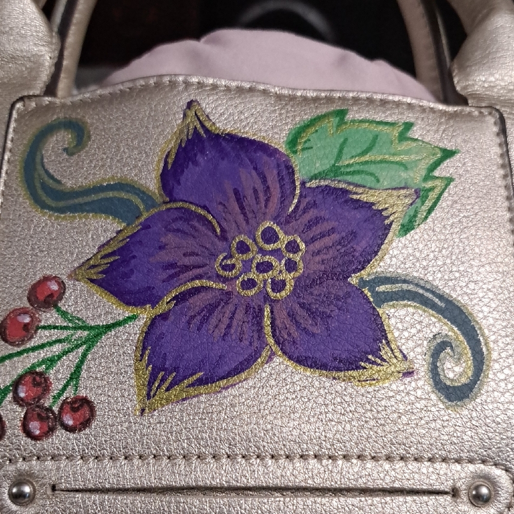 Hand Painted Gold Satchel Purse Bag with Floral Design - Picture 6 of 17